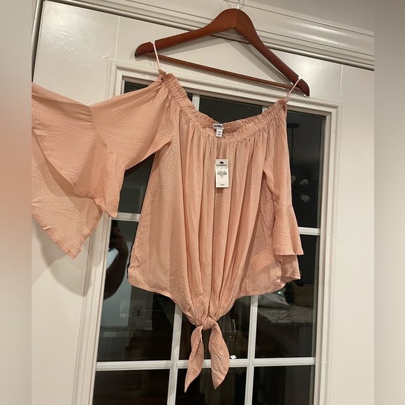 Express Blush Off the Shoulder Tie Shirt - Picture 3 of 6